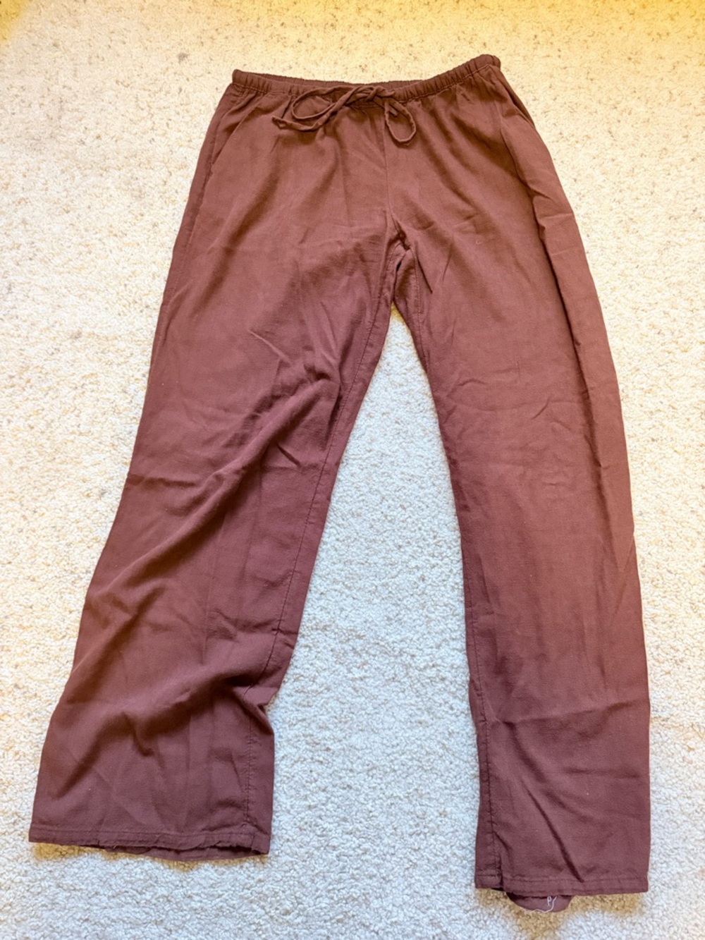 Divided Wide-Leg Linen Drawstring Pants - Brown S